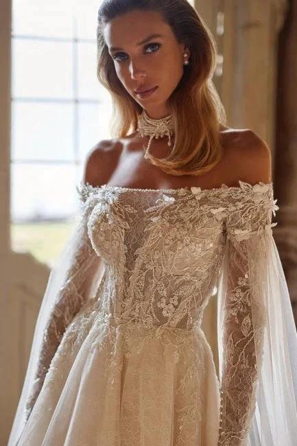 Luxury Beautiful Off-the-shoulder long sleeves a-line lace Wedding Dresses beading (ZD14862)