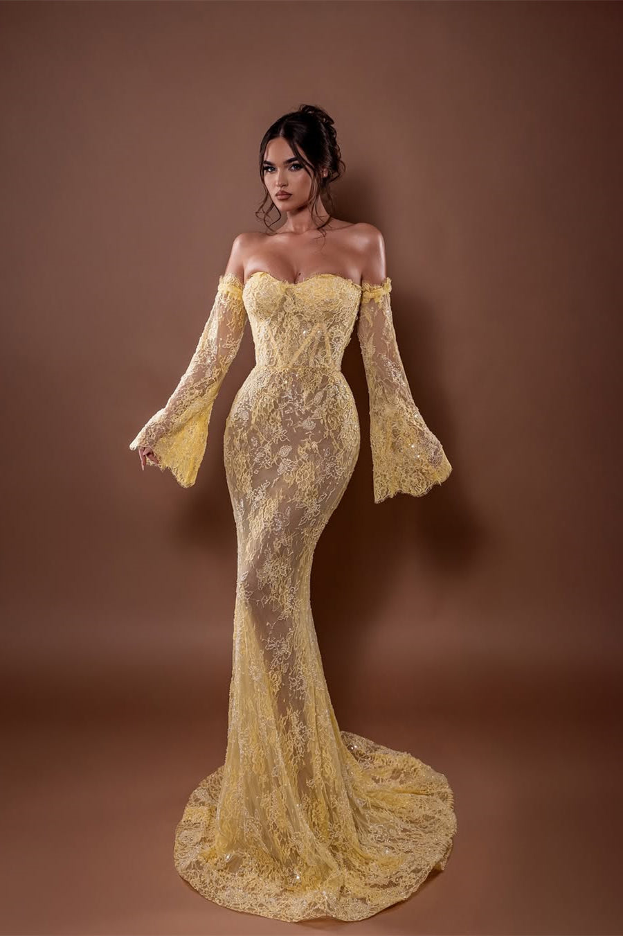 Luxury Daffodil Sweetheart Strapless Mermaid Lace Prom Dress Detachable Long Sleeves Column