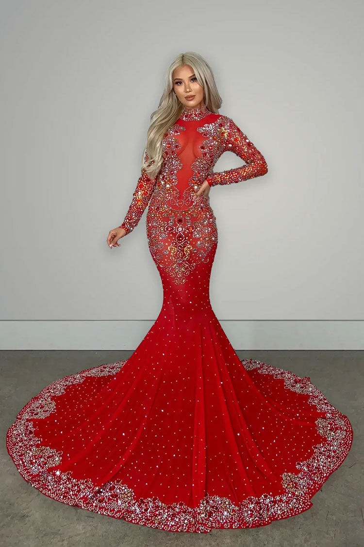 Upscale High Neck Long Sleeve Sheer Mesh Rhinestone Evening Maxi Dress - Red
