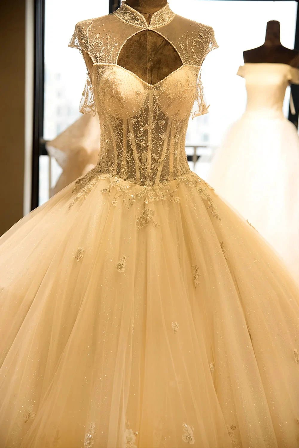 Luxury Illusion Neck Lace-up Tulle Ball Gown Wedding Dress Modest Ivory Sparkle Bridal Gowns (ZD13900) - View 5 | VelvetHem