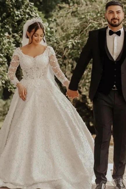 Luxury lace wedding dresses | A line wedding dresses with sleeves (ZD13912) - VelvetHem