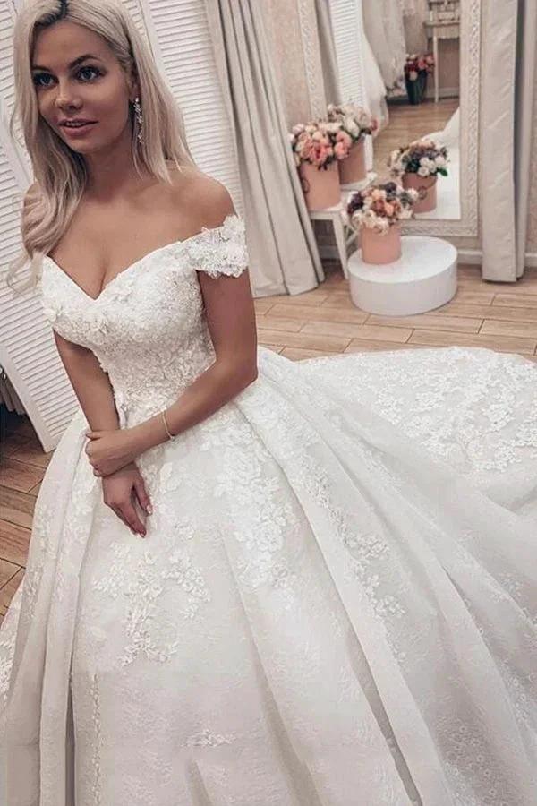 Luxury Long A-Line Off the Shoulder Lace Wedding Dresses (ZD15005) - VelvetHem