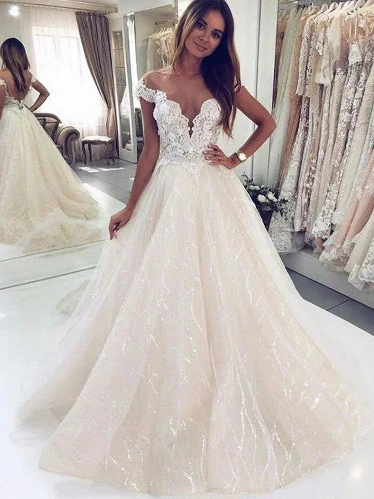 Luxury Long A-line Off-the-shoulder Tulle Open Back Glitter Wedding Dress (ZD15030)