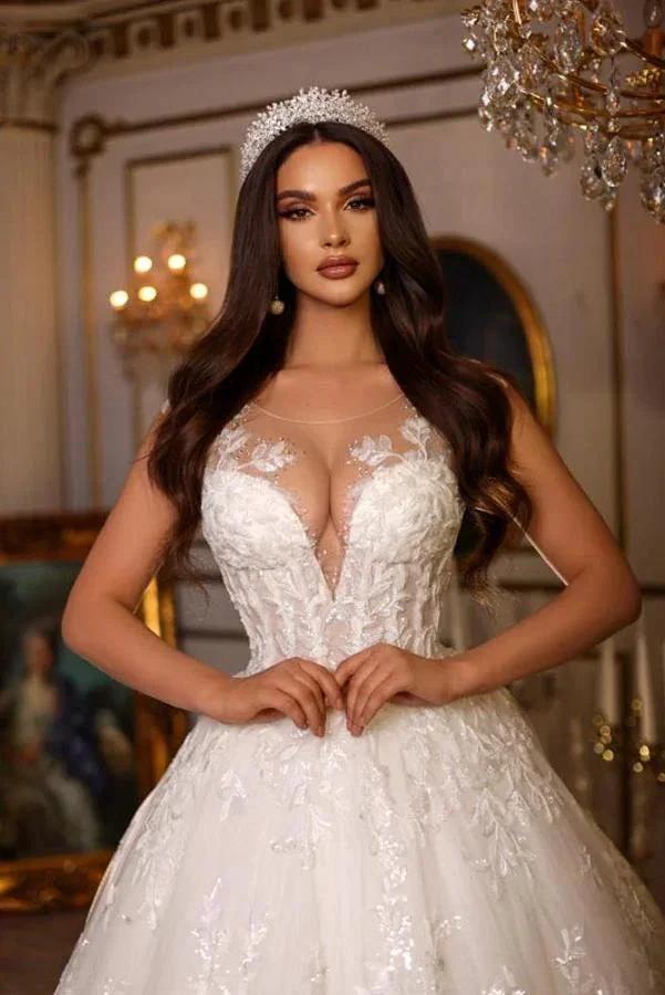 Luxury Long A-line Sweetheart Tulle Lace Open Back Wedding Dresses (ZD16755)