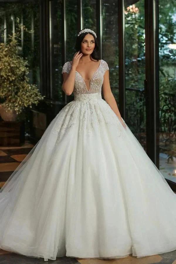 Luxury Long A-line V-neck Beads Tulle Glitter Wedding Dress with Cap Sleeves (ZD15036)