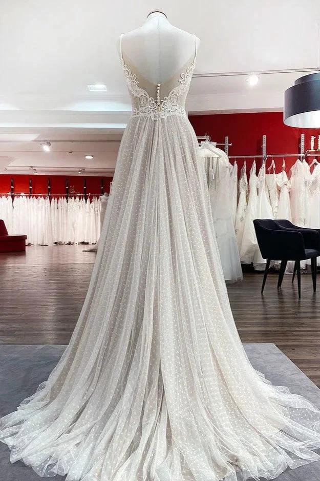 Luxury Long A-line V-neck Tulle Open Back Lace Wedding Dress (ZD14282)