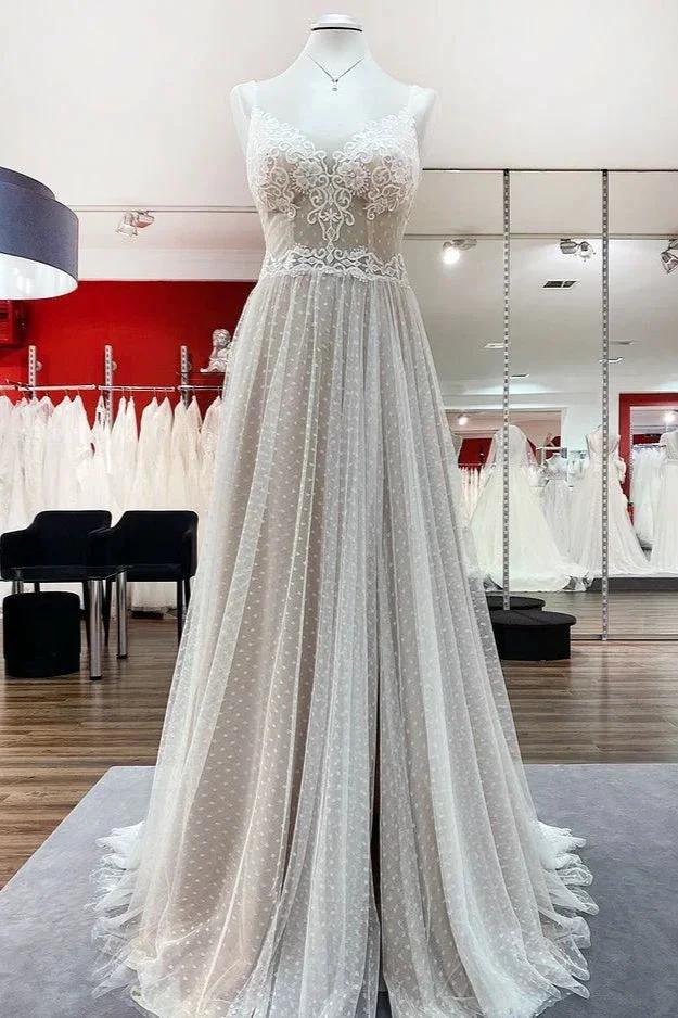 Luxury Long A-line V-neck Tulle Open Back Lace Wedding Dress (ZD14282) - VelvetHem
