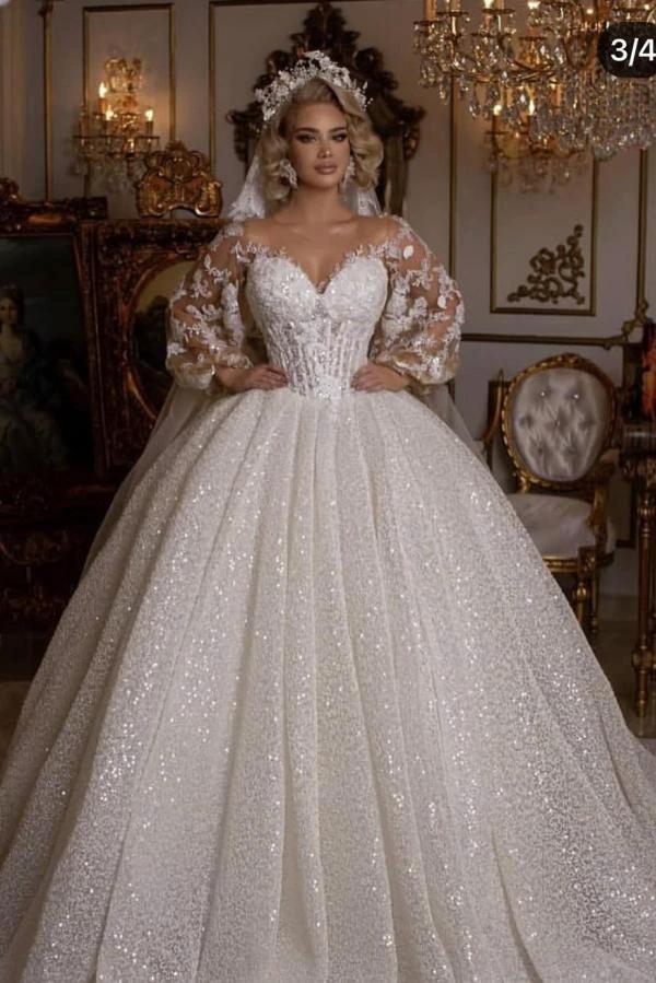 Luxury Long Ball Gown Glitter Wedding Dress with Puffy Sleeves (ZD15019)