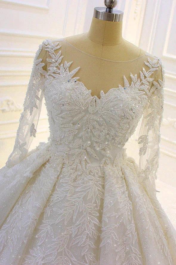 Luxury Long Ball Gown Lace Appliques Wedding Dress with Sleeves (ZD15182)