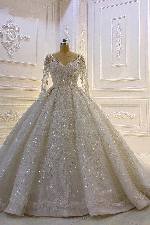 Luxury Long Ball Gown Lace Appliques Wedding Dress with Sleeves (ZD15182) - VelvetHem
