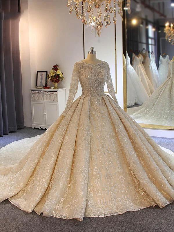 Luxury Long Ball Gown Lace Beading Wedding Dresses with Sleeves (ZD15882) - VelvetHem