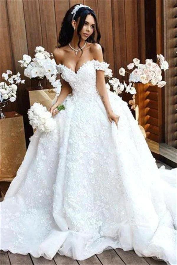 Luxury Long Ball Gown Off The Shoulder Appliques Lace Wedding Dresses (ZD15978)