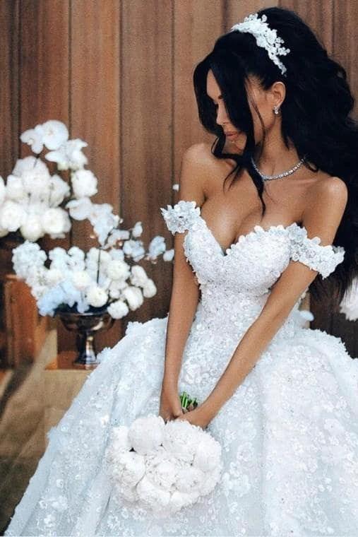 Luxury Long Ball Gown Off The Shoulder Appliques Lace Wedding Dresses (ZD15978)