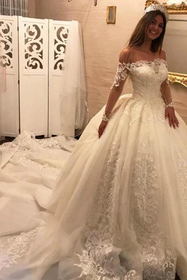 Luxury Long Ball Gown Off the Shoulder Chapel Train Appliques Wedding Dress with Sleeves (ZD15868) - VelvetHem