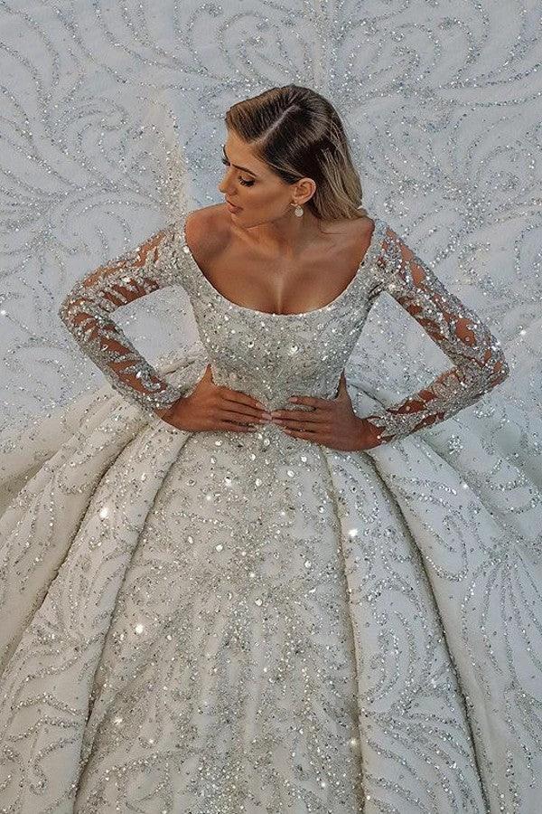 Luxury Long Ball Gown Sequin Off The Shoulder Backless Wedding Dress with Sleeves (ZD15177)