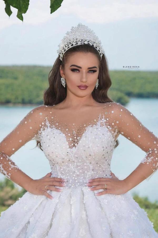 Luxury Long Ball Gown Sweeteart Beads Glitter Wedding Dress with Sleeves (ZD15024)