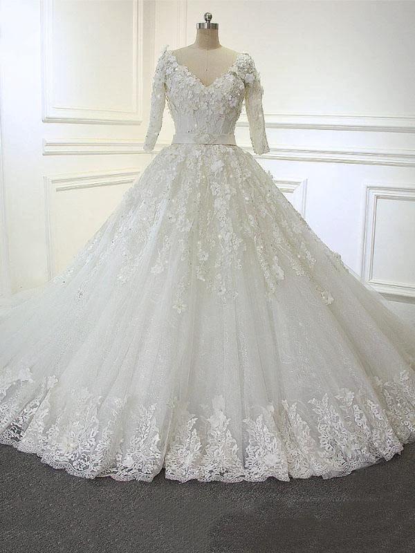 Luxury Long Ball Gown V Neck Lace Wedding Dresses with Sleeves (ZD15902)