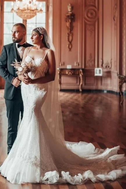 Luxury Long Mermaid Spaghetti Straps Glitter Wedding Dresses With Lace (ZD14492) - View 3 | VelvetHem