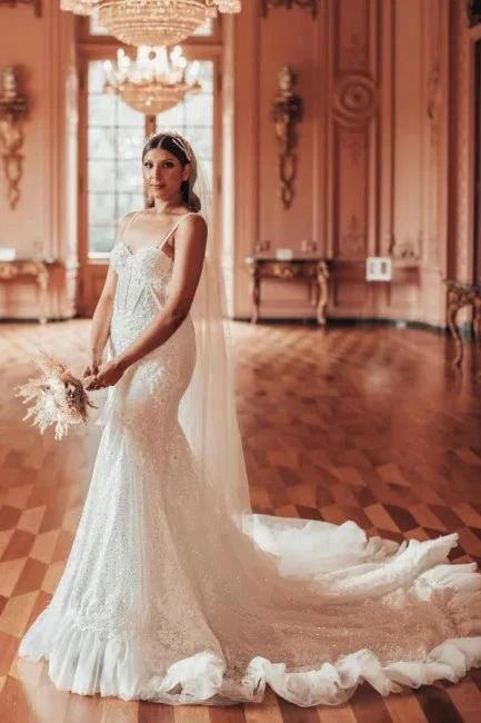 Luxury Long Mermaid Spaghetti Straps Glitter Wedding Dresses With Lace (ZD14492)