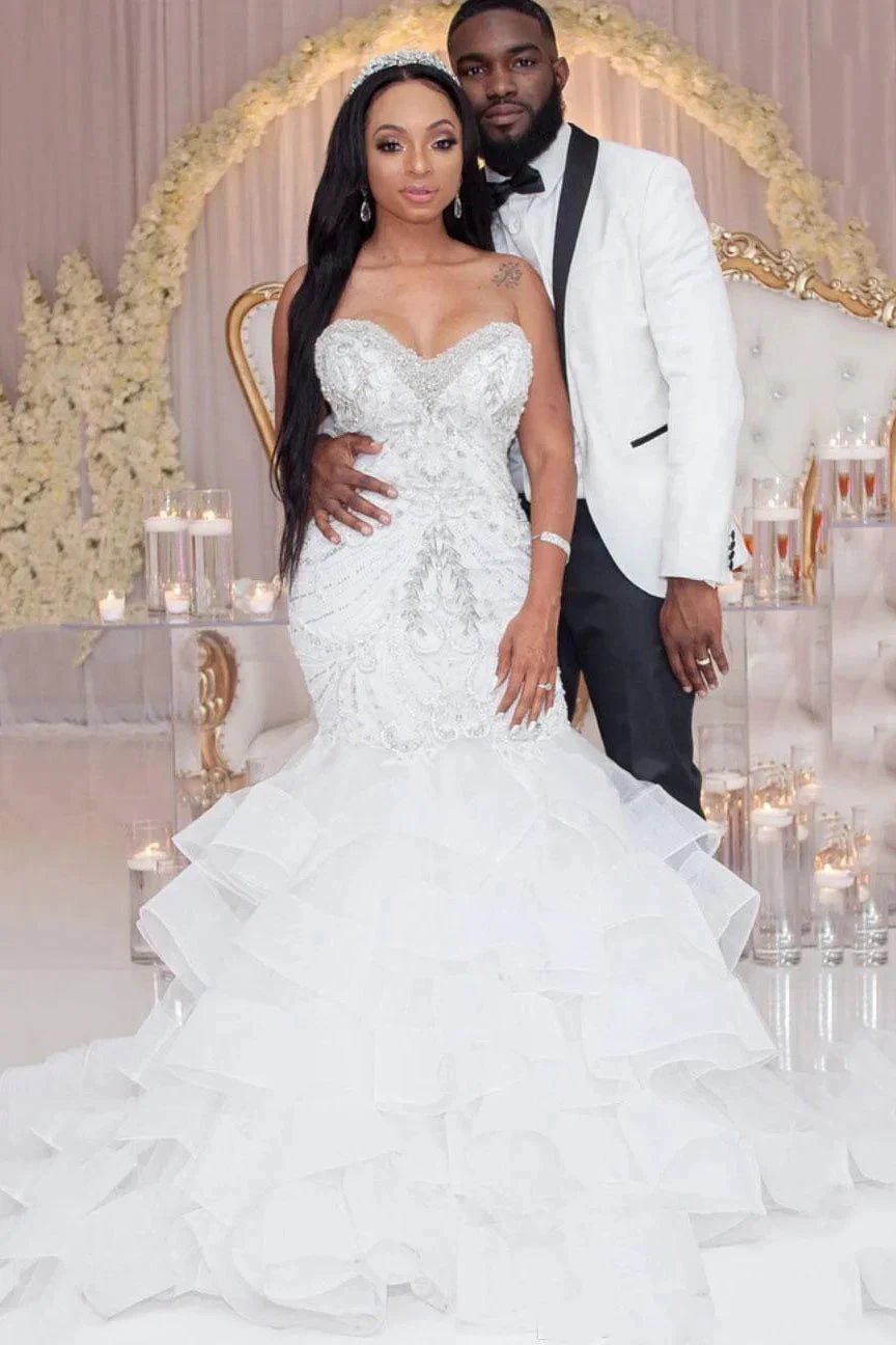 Luxury Long Mermaid Sweetheart Strapless Ruffles Beaded Crystal Wedding Dress (ZD16684)