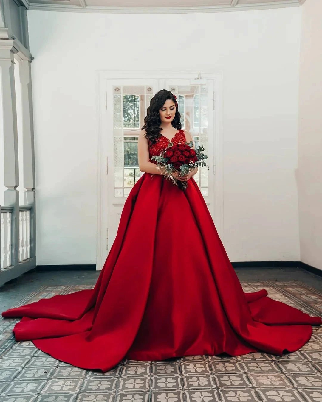 Luxury Long Princess Satin V-neck Wedding Dresses with Lace (ZD15045) - View 2 | VelvetHem