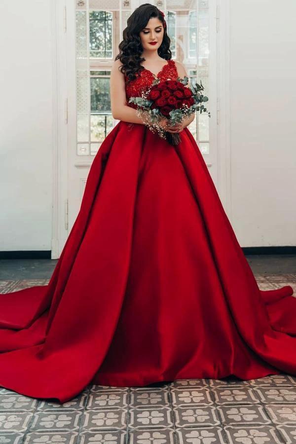 Luxury Long Princess Satin V-neck Wedding Dresses with Lace (ZD15045) - VelvetHem