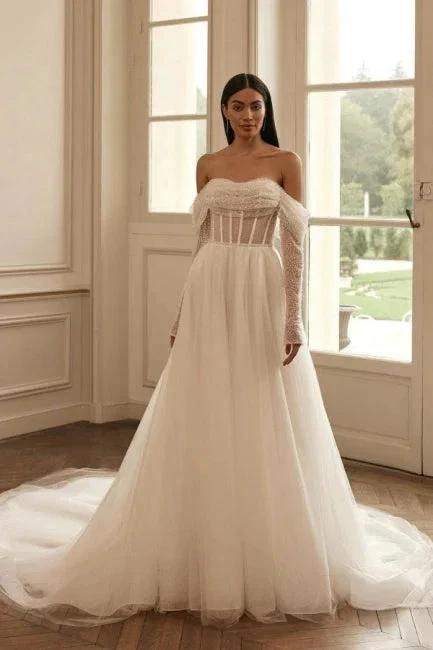 Luxury long sleeves a-line Off-the-shoulder Wedding dresses sequined (ZD14863)