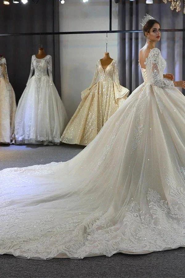 Luxury Long Sleeves Deep V-Neck Princess Ball Gown Garden Bridal Dress (ZD14700)