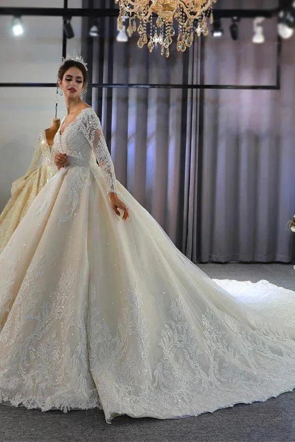 Luxury Long Sleeves Deep V-Neck Princess Ball Gown Garden Bridal Dress (ZD14700)