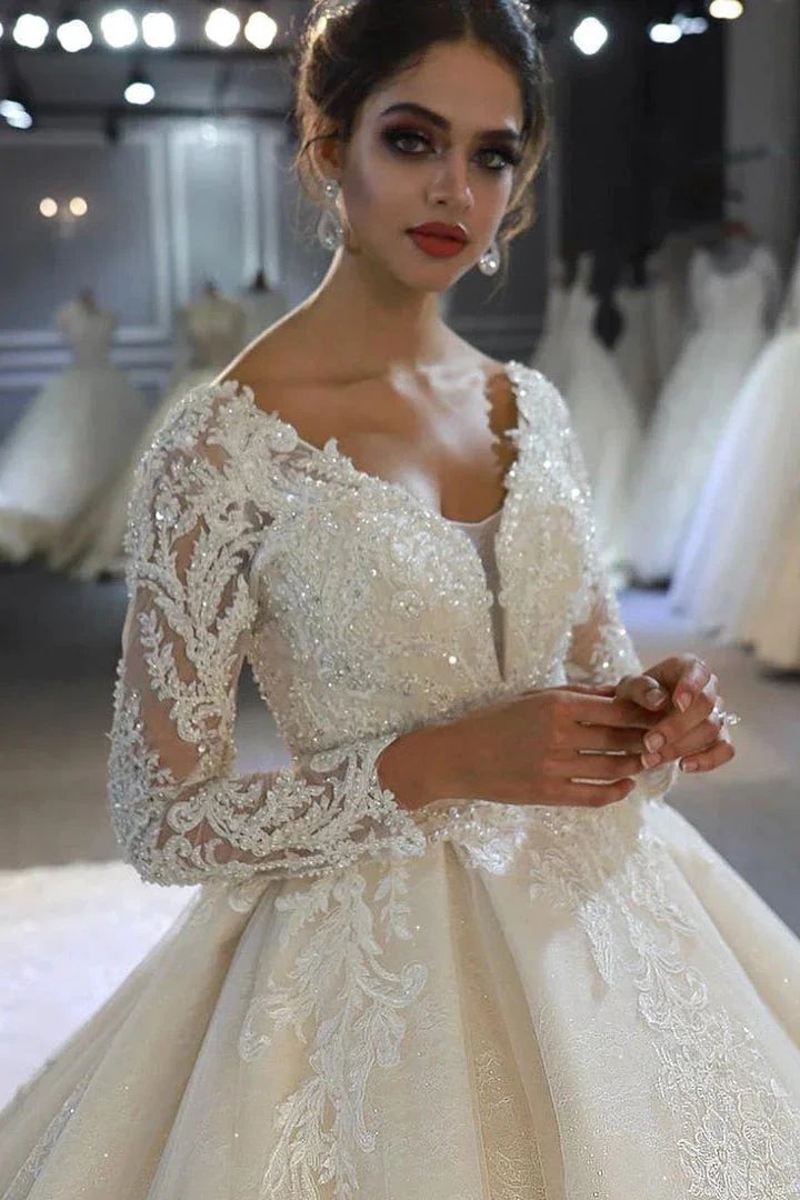 Luxury Long Sleeves Deep V-Neck Princess Ball Gown Garden Bridal Dress (ZD14700) - View 5 | VelvetHem