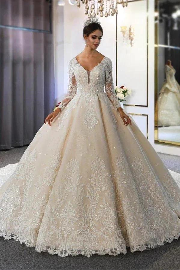 Luxury Long Sleeves Deep V-Neck Princess Ball Gown Garden Bridal Dress (ZD14700) - VelvetHem