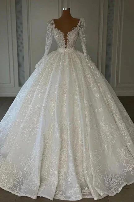 Luxury Princess A-line V-neck Lace Wedding Dresses With Long Sleeves (ZD16447)