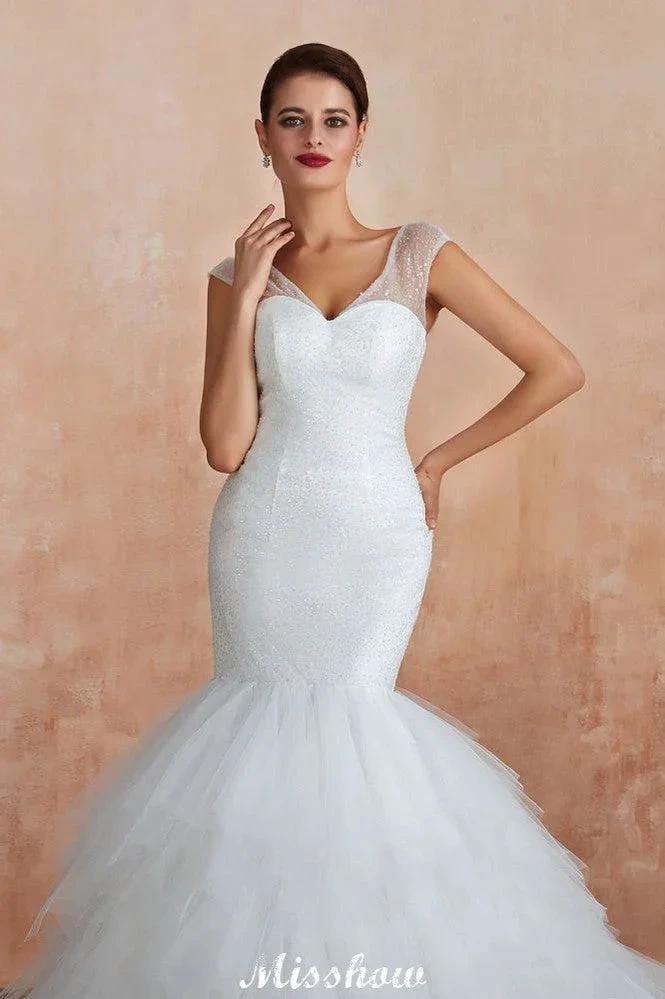 Luxury V-Neck Cap Sleeve Beach Lace up White Bridal Gowns with Sequins (ZD13894)