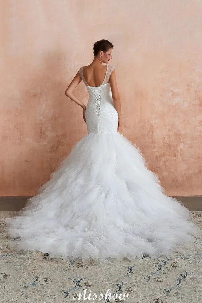 Luxury V-Neck Cap Sleeve Beach Lace up White Bridal Gowns with Sequins (ZD13894)