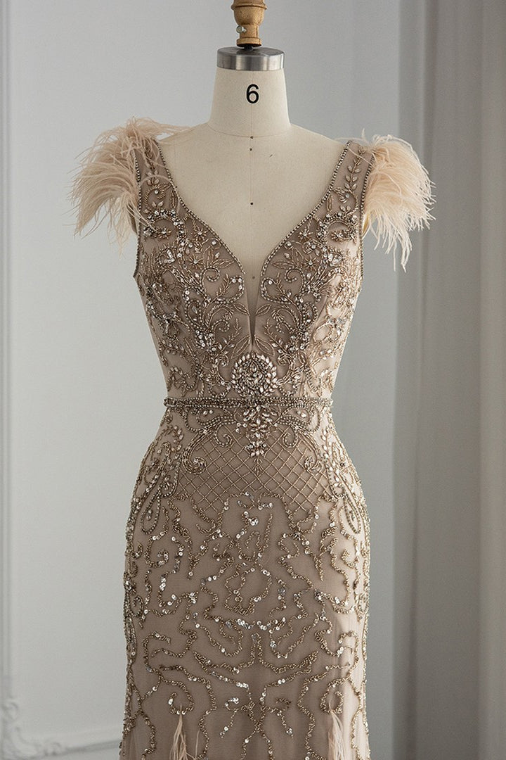 Luxury V Neck Mermaid Evening Prom Dress with Feathers Appliques