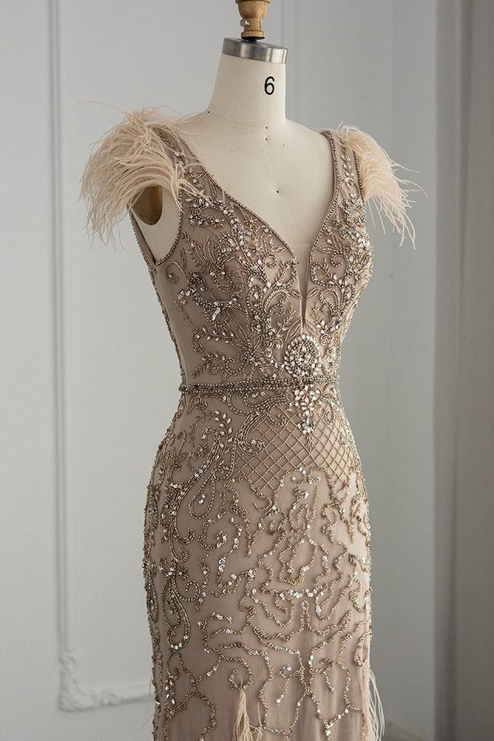 Luxury V Neck Mermaid Evening Prom Dress with Feathers Appliques
