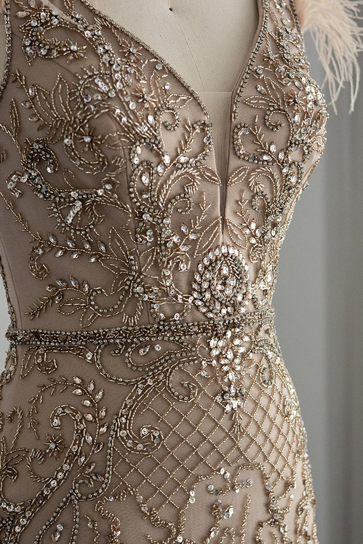 Luxury V Neck Mermaid Evening Prom Dress with Feathers Appliques