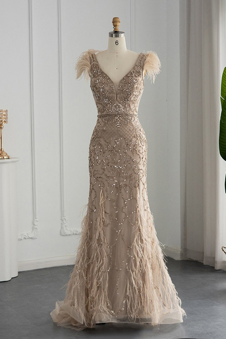 Luxury V Neck Mermaid Evening Prom Dress with Feathers Appliques