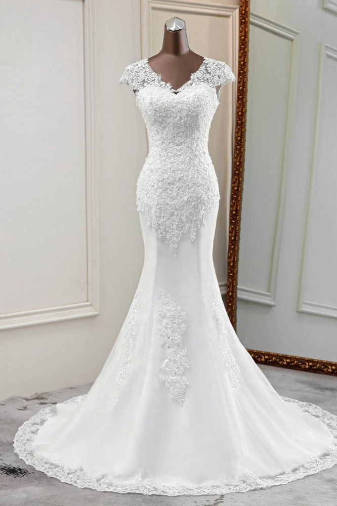 Luxury V-Neck Sleeveless White Lace Mermaid Wedding Dresses with Appliques (ZD17425)