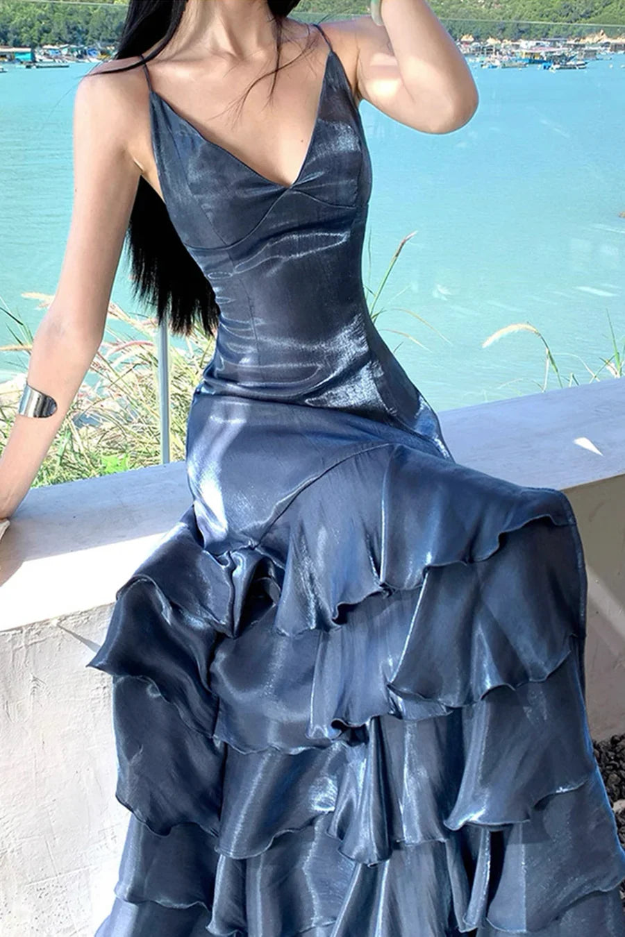 Elegant Deep Slate Blue Spaghetti Strap High-Slit Crisscross Lace-Up Open Back Tiered Satin Long Prom & Evening Dress - View 9 | FashionDia
