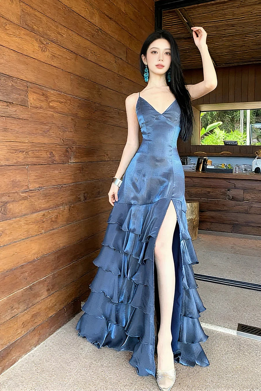 Elegant Deep Slate Blue Spaghetti Strap High-Slit Crisscross Lace-Up Open Back Tiered Satin Long Prom & Evening Dress - View 7 | FashionDia