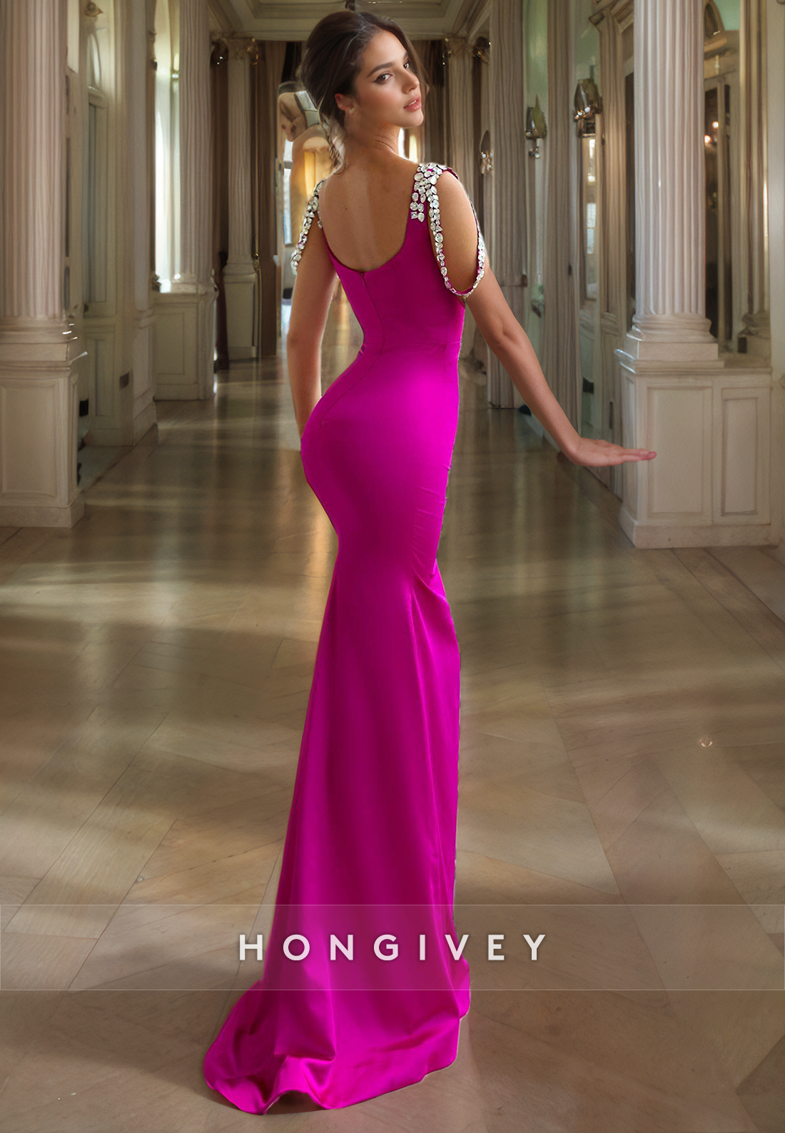 L1527 - Sexy Fitted Satin Square Beaded Spaghetti Straps Empire Party Prom Evening Dress