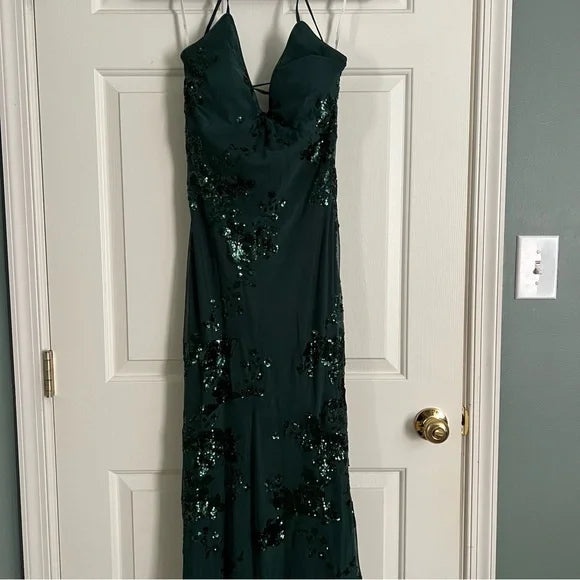Beautiful Dark Green Mermaid V-Neck Cross-Strap Sequined Long Prom & Evening Dress - View 9 | FashionDia