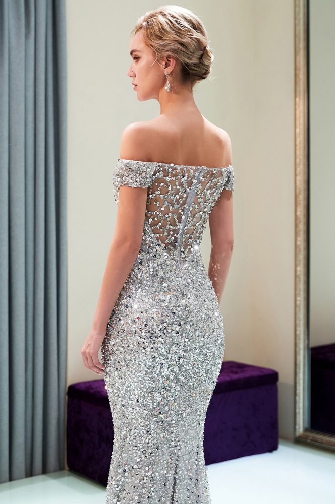 MAUDE Mermaid Off-the-shoulder Long Sequins Silver Evening Gowns