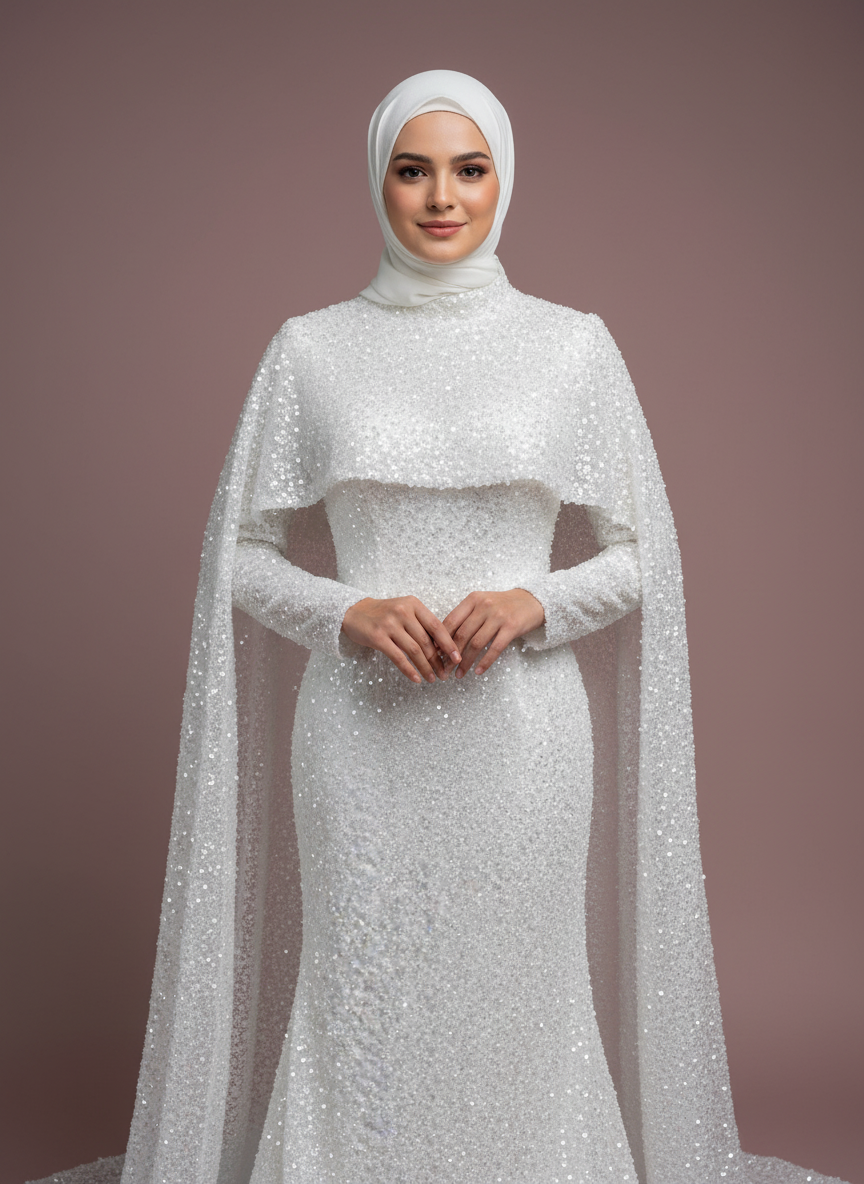 Muslim Wedding Dress High Neck Long Sleeve Hijab Bridal Dress Elegant Vestidos De Novia WHITE