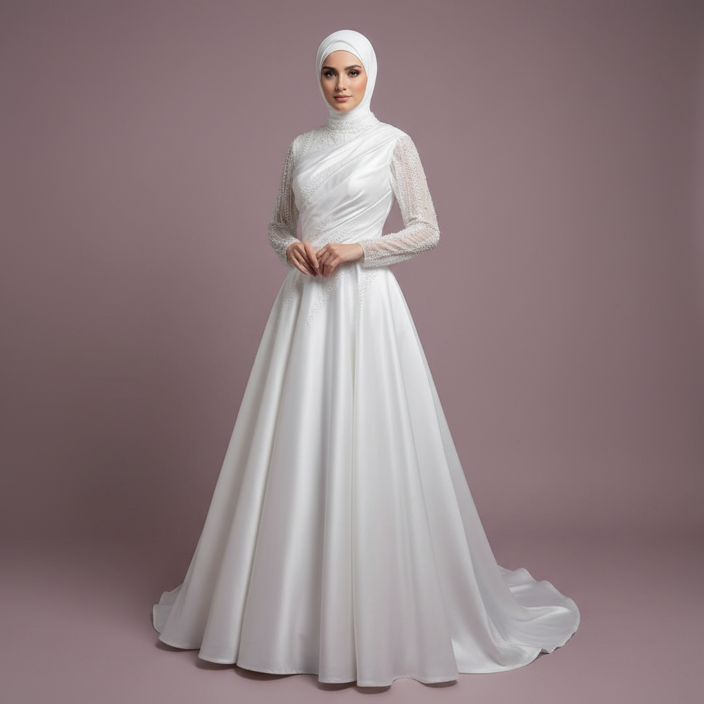 Exquisite Satin Muslim Wedding Dress With Pearls High Neck Long Sleeve Hijab Bridal Dress Elegant Vestidos De Novia