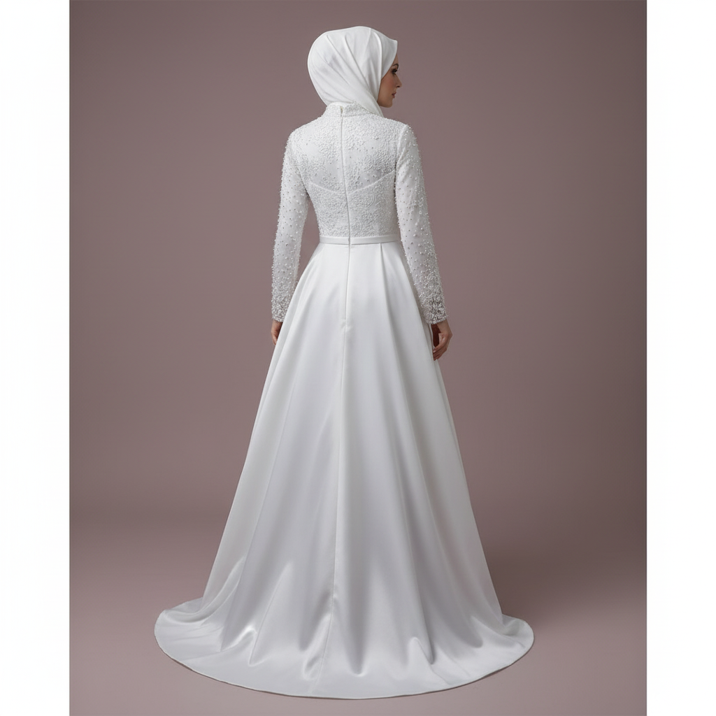 Exquisite Satin Muslim Wedding Dress With Pearls High Neck Long Sleeve Hijab Bridal Dress Elegant Vestidos De Novia