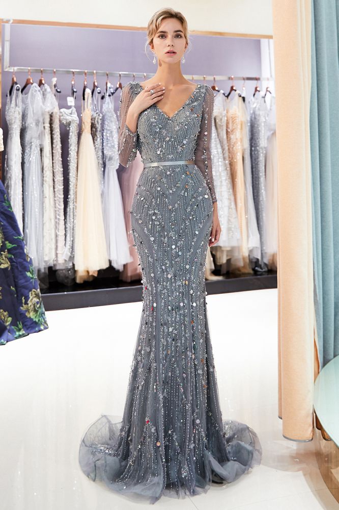 MAVIS Mermaid Long Sleevess V-neck Sequins Evening Gowns with Sash