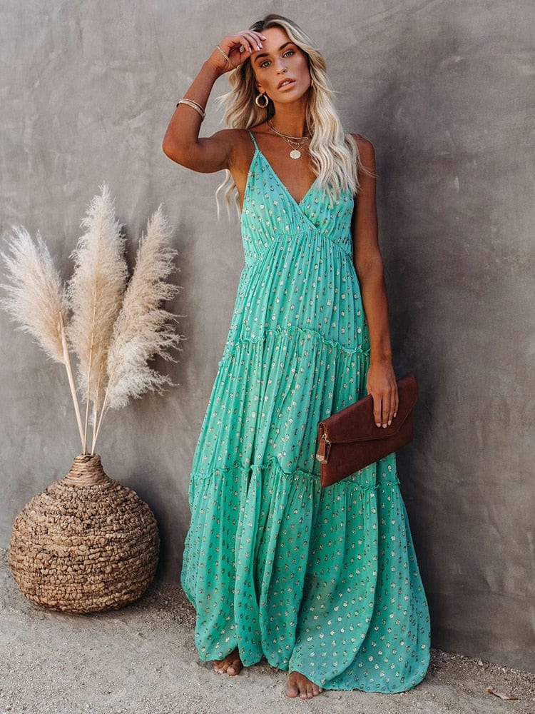Camille Boutique Green V Neck Maxi Beach Dress Evening Wear Edit