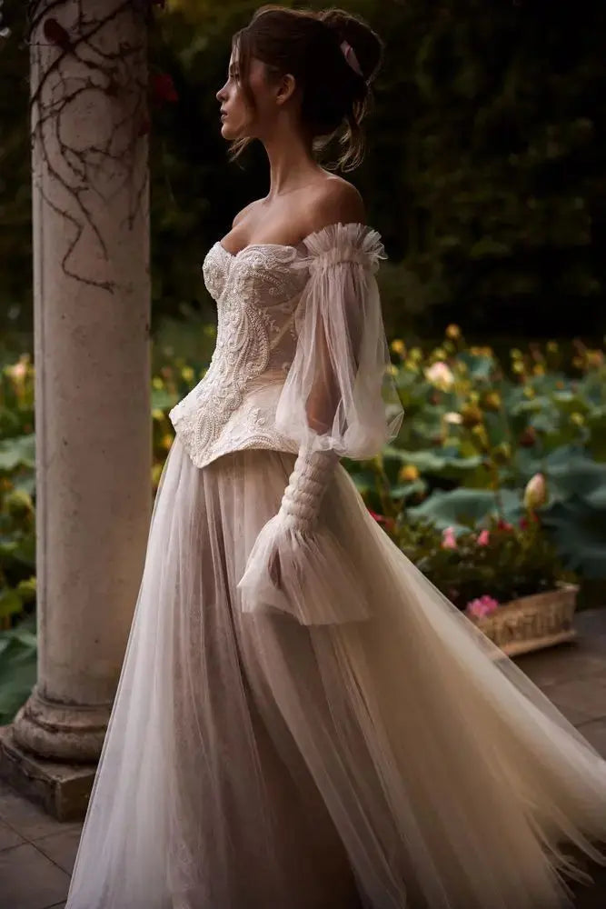 Luxury Ivory Off-the-Shoulder Lace Corset Tulle Train Wedding Dress ZP135